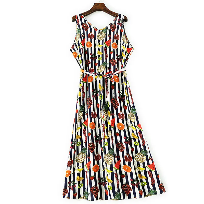 BirdTree-zijde elegante vestjurk, V-hals mouwloos fruitprint vetersluiting, dames strandvakantie feestjurk, 2026 lente D5D460CC