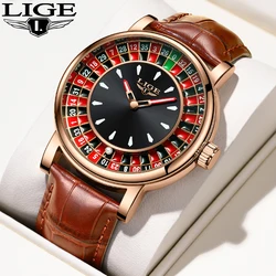 LIGE Fashion Retro Man Watch Unique Roulette Game Dial Design Leather Belt Casual Luxury Waterproof Luminous Quartz Wristwatches
