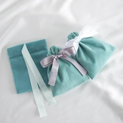 5pcs Lovely Green Jewelry Velvet Bag  Bowknot Pouches Gift Display Packing Storage Wedding Favors Travel Candy Drawstring Pocket