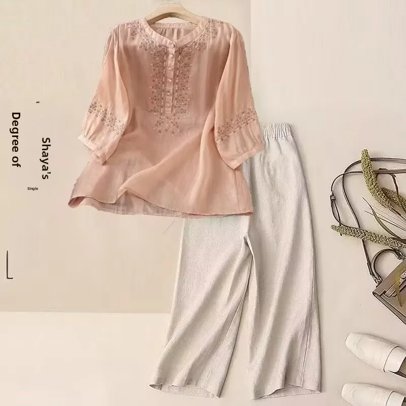 

Korean Style plus Size Women's Cotton Linen Set Embroidered Short Sleeve Wide Leg Pants Two Piece Suit Commute Artistic Fashion