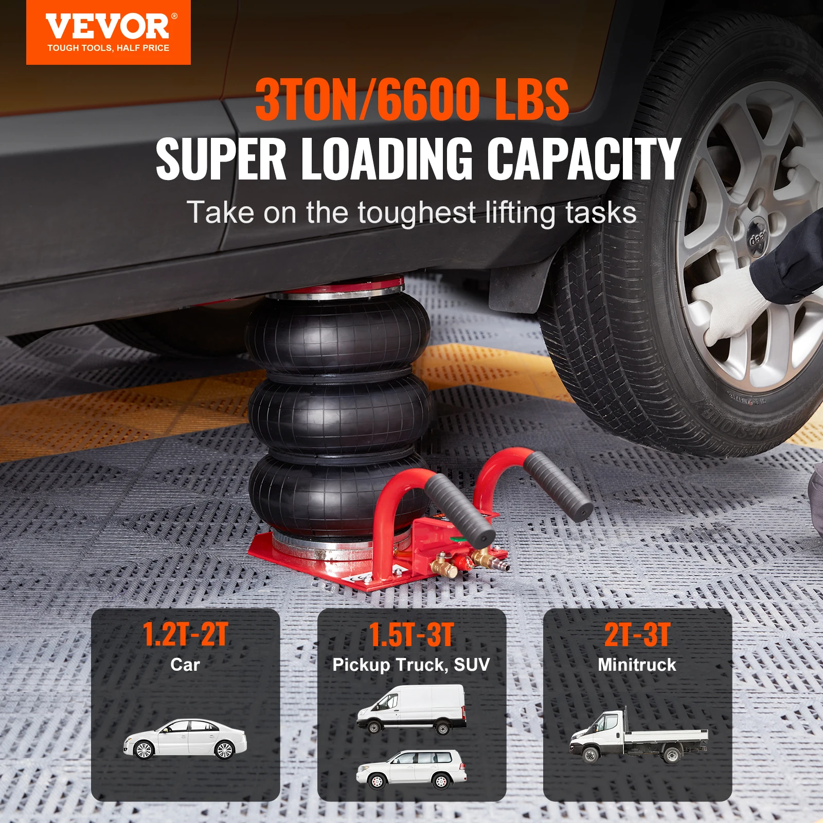 VEVOR Air Jack 3 Ton/6600 lbs Triple Bag Air Jack Lift up to 17.7 inch/450 mm with Side Handles for Car, Garage, Repair