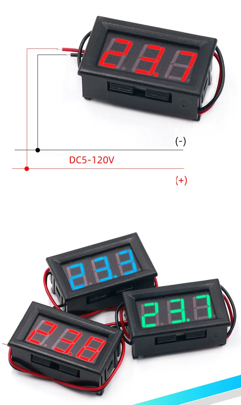 Two wire DC5V-120V DC digital display voltmeter, digital voltmeter head, electric vehicle meter head anti reverse connection 0.5