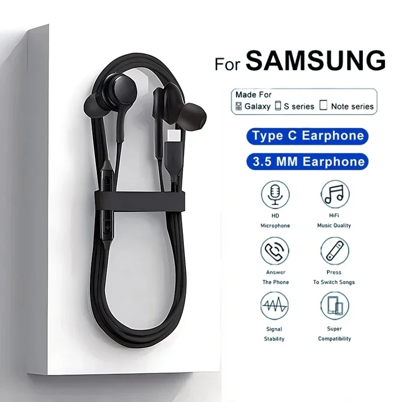 Fone de Ouvido com Fio Tipo C para Samsung Galaxy S24 S23 S22 S21 Ultra Plus Fe, Fones de Ouvido de 3.5mm para A54 A34 A53, Acessórios para Telefone