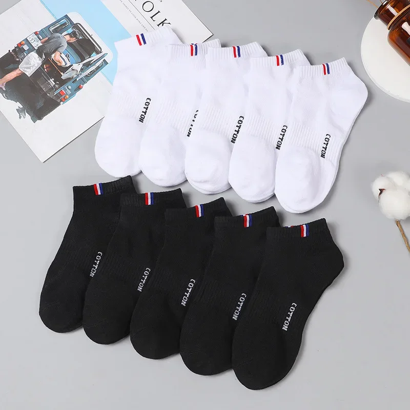 5 Pares Meias Casuais dos homens Primavera Verão Preto Branco Algodão Barco Meias Homens Wowen Sock Respirável Sweat-absorvente Sock para Homens