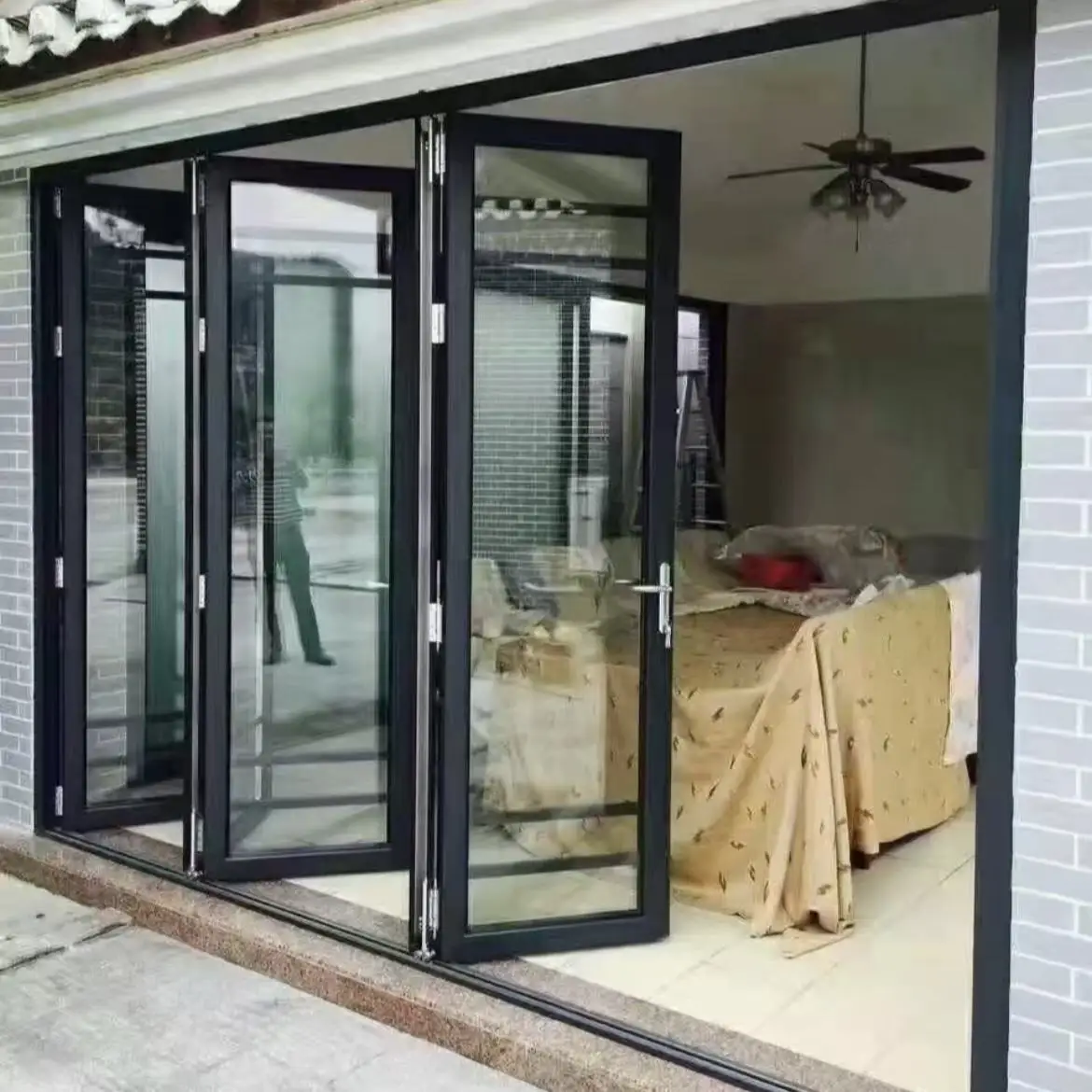 Villa Double Layer Glass Accordion Folding Door Noise Reducing Rust Proof Folding Doors Fashionable Durable Stacking Doors
