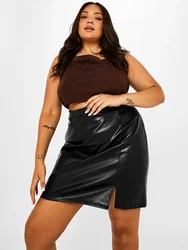 Women Plus Size Matte Leather Vintage High Waist Elastic PU Hem Side Split Mini Skirt 9xL Lady Large Size Clubwear Party Custom