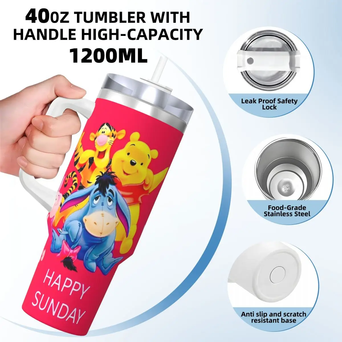 Stainless Steel Tumbler Winnie Pooh Bear Cartoon Car Mugs With Straws Driving Cold and Hot Water Bottle