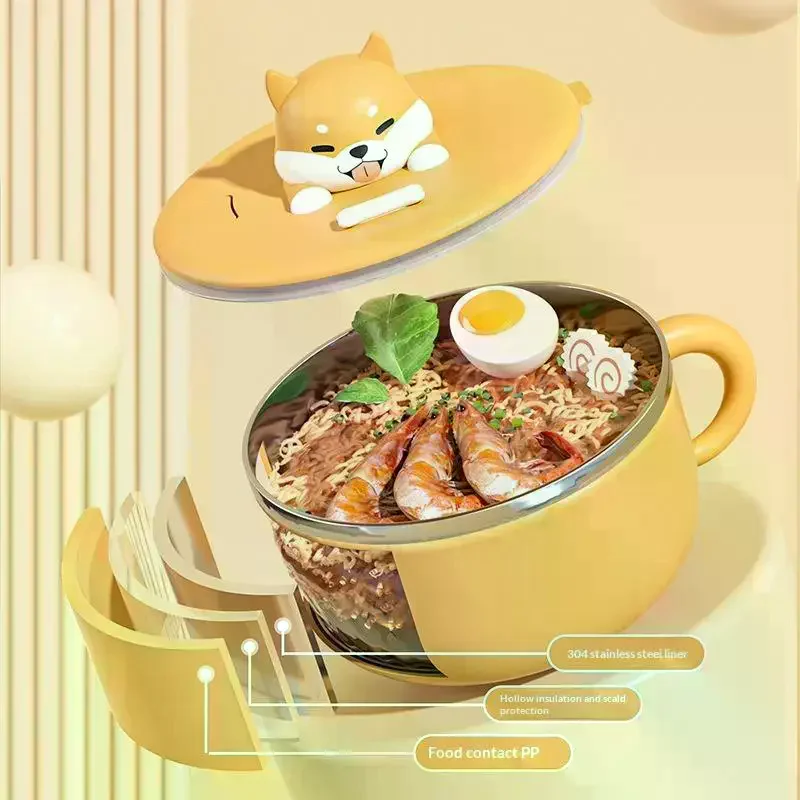 Cute Dog Instant Noodle Bowl Stainless Steel With Lid Large Fruit Salad Bowl Student Dormitory Portable Lunch Box 1000ML Cartoo