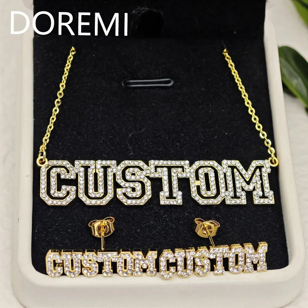 DOREMI Any Name Personalized Gift Jewelry Set Package Necklace Hollow Name Crystal Full Zircon Custom Letters Jewelrt Set