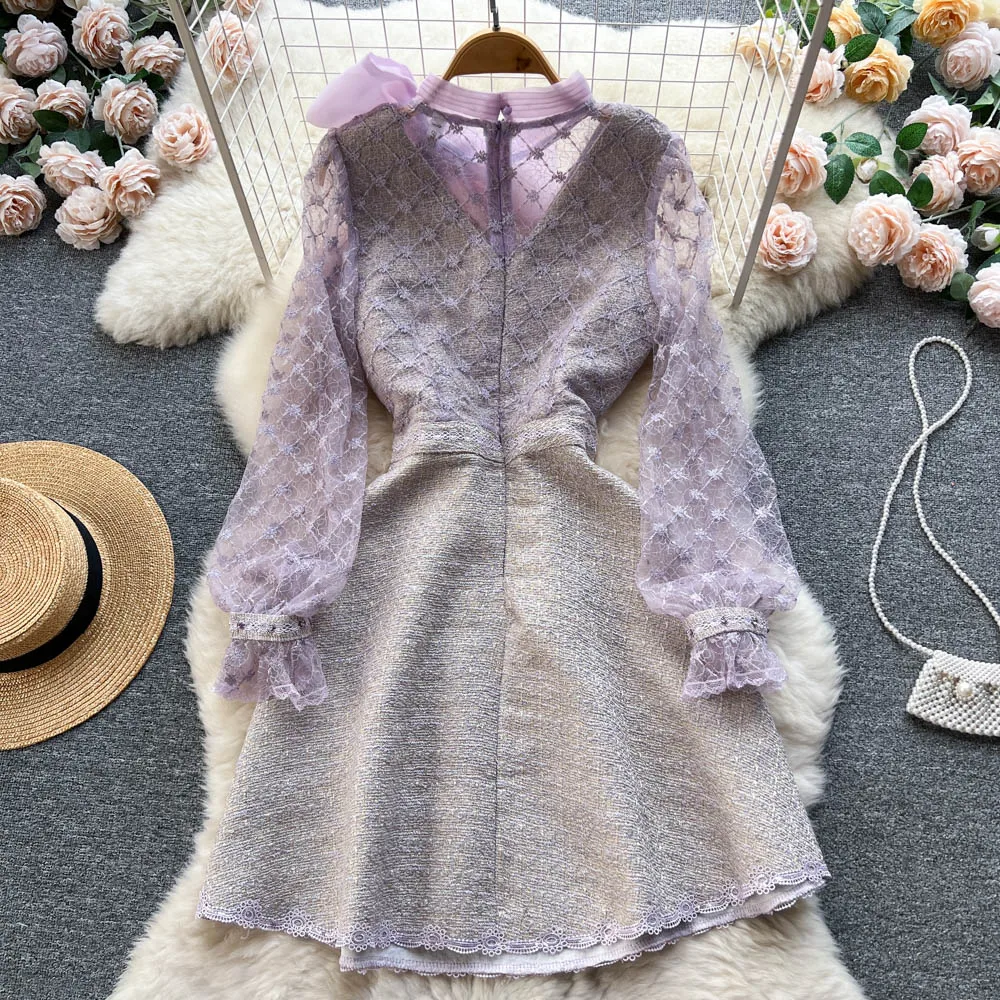 Elegant Long Sleeves Vintage Stand Collar Bow Chic Mesh Embroidered Beads Floral Slim A-line Dresses High Street Autumn Clothing