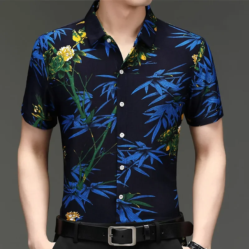 New Summer Men\'s Flower Animal Pattern Short sleeved Shirt Top