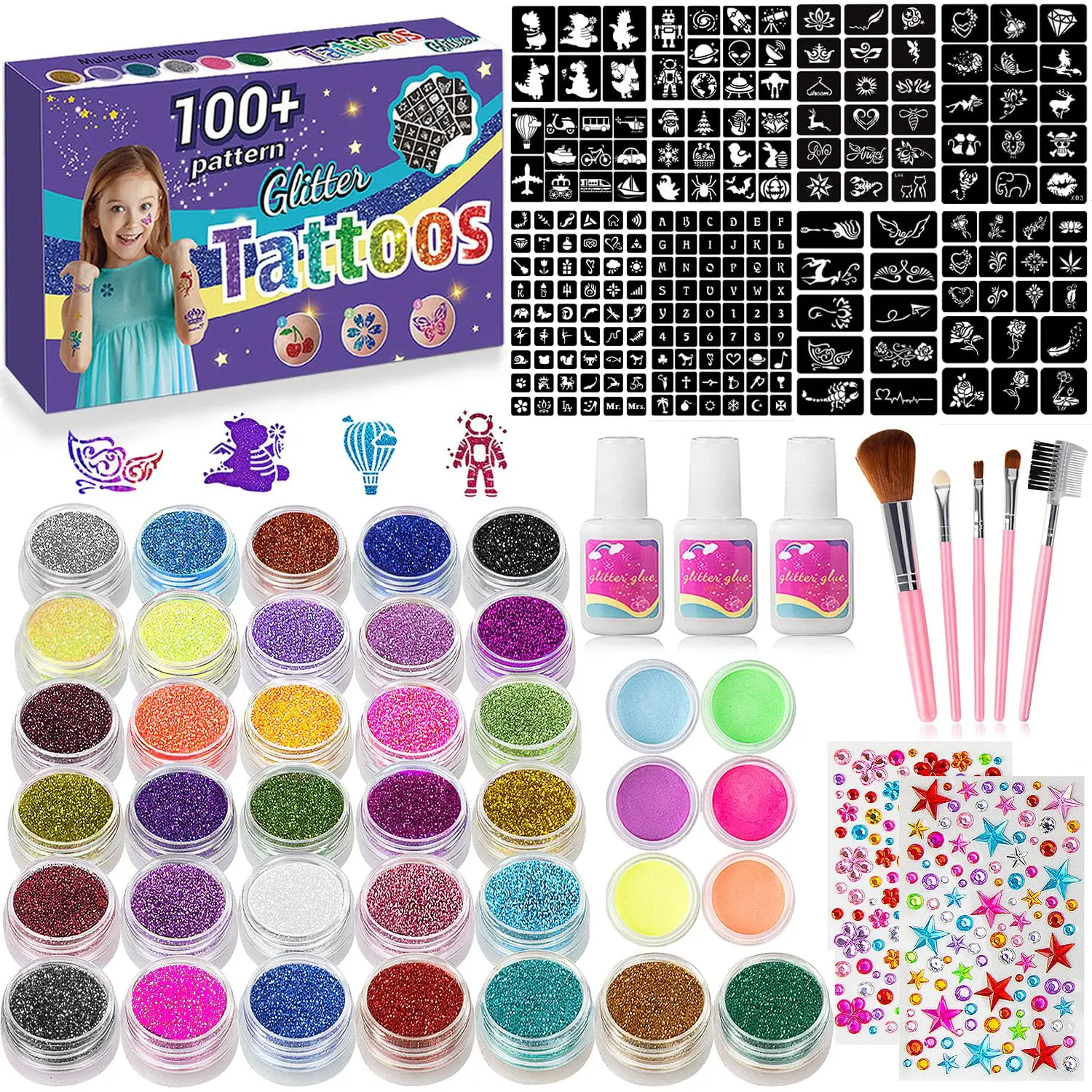 

Glitter Tattoo Kit for Kids & Adults, 38 Colors, 209 Stencils, Brushes & Glue Included - Perfect Party Gift