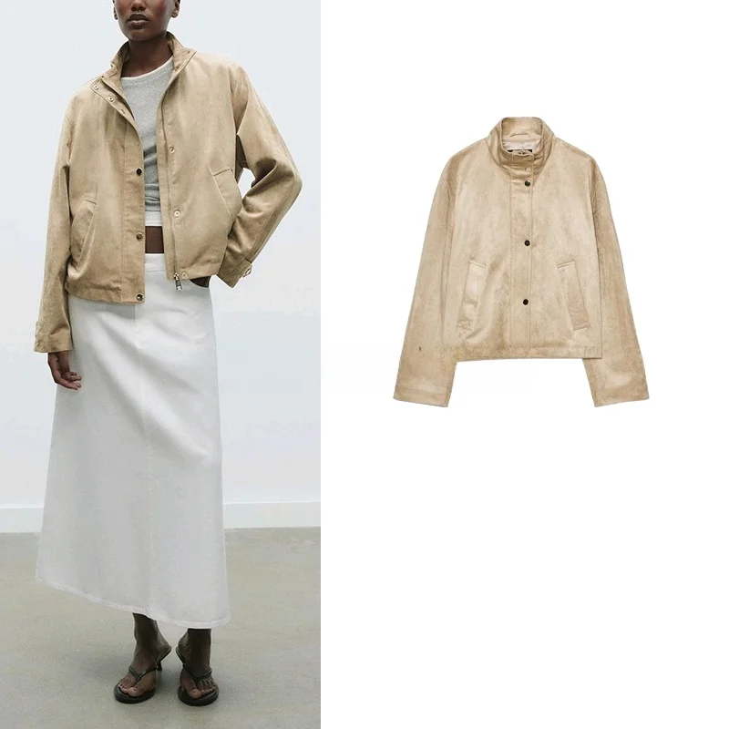 

Spring New Arrival Women's Retro Casual Velvet Texture Effect Stand Collar Long Sve Jaet Outerwear Polyester Fiber Zippe...