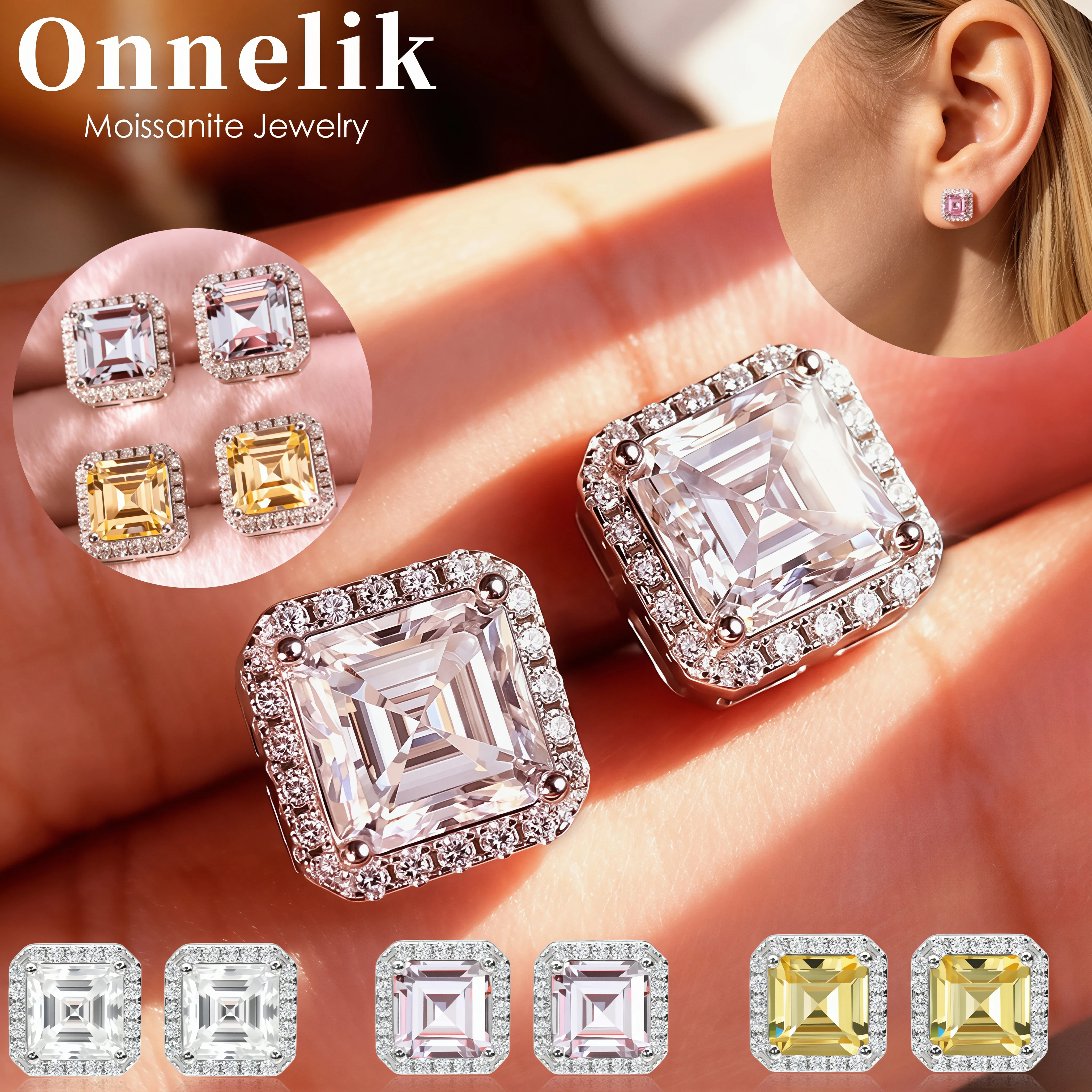 

Onnelik S925 Sterling Silver 2CT Asscher Cut Moissanite Earrings Studs Luxury Elegant Jewelry Gift for Women Men Birthday Party