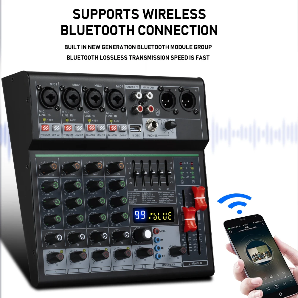 Professional DJ Party Music 6 Channel Audio Mixer Console With Bluetooth USB 99DSP Effect OTG To Computer Phone  Recording