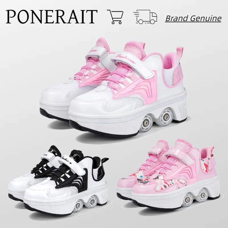 PONERAIT Deformation Roller Shoes Double-Row Four Wheel Walk Skates for Adult Men Women Stylish Children Sport Shoe Special Gift