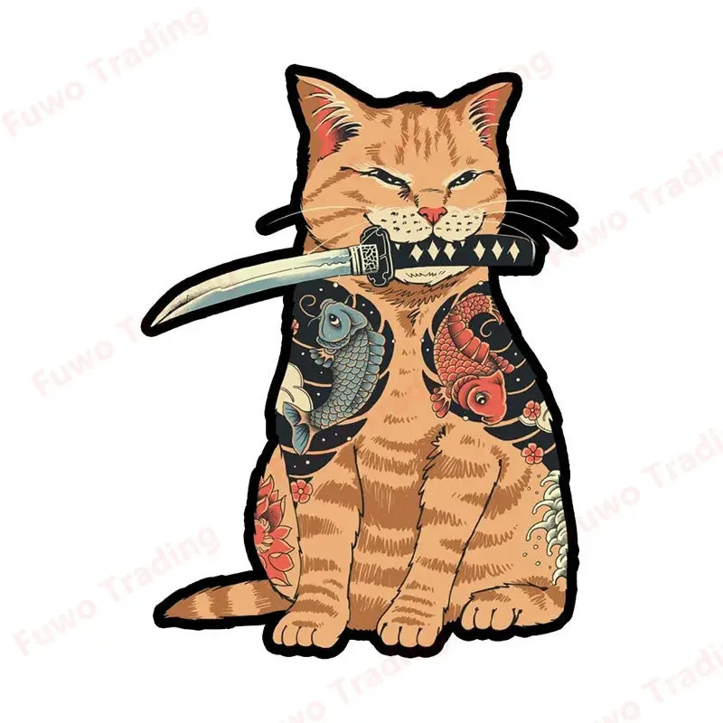 Japanese Samurai Cat Car Sticker Neko Kitty Decal Simple Fashion Caravan Window Motorcycle Bumper Trunk Laptop Decor Waterproof