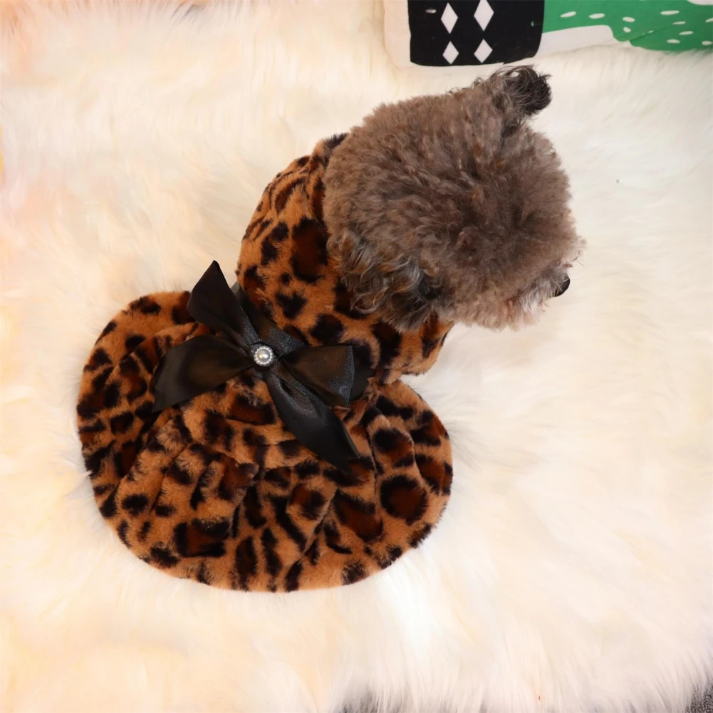 Autumn Winter Pet Dog Clothes Plush Coat Leopard Print Dress for Small Dog Cat Jacket Faux Fluffy Bowknot Skirt Bulldog Pug Pood