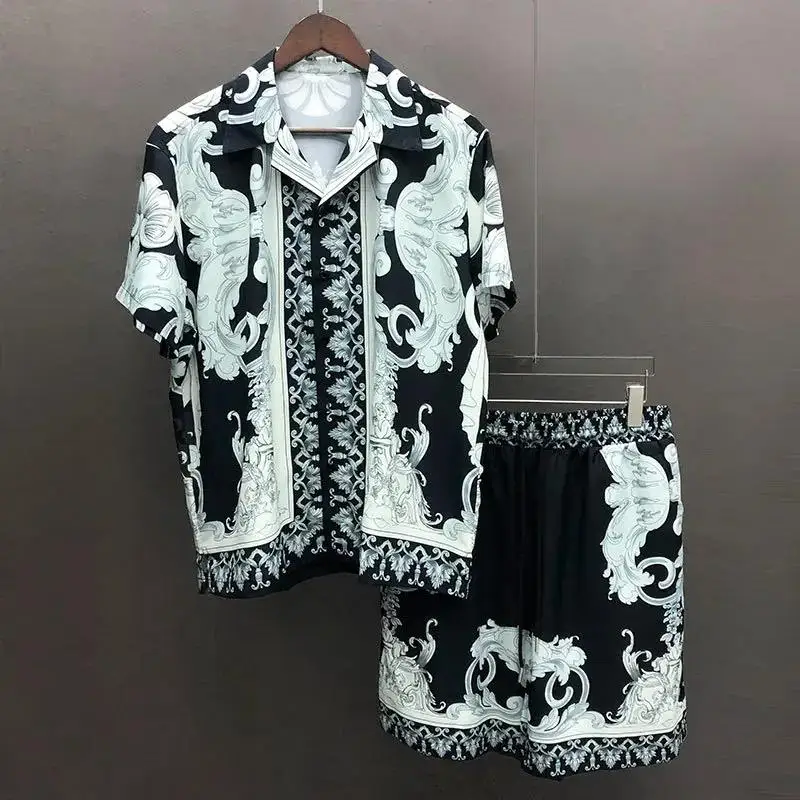 Hawaiian Shirt Streetwear Artistic Abstract Shirts Streetwear Hip Hop Casual Beach Holiday Short Sleeve Suit Men Tracksuit Set