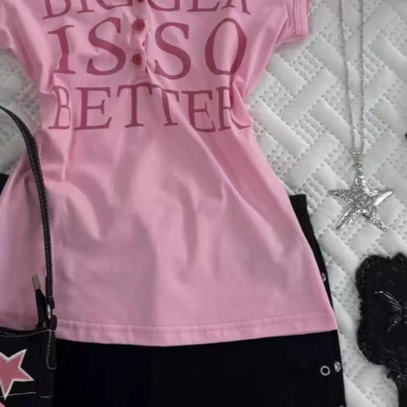 Amerikaanse Vintage Brief Gedrukt Roze V-hals T-shirts Meisje Punk Retro Y2k Esthetische Stijl Korte Slanke Tees Straat Zoete Hottie Top