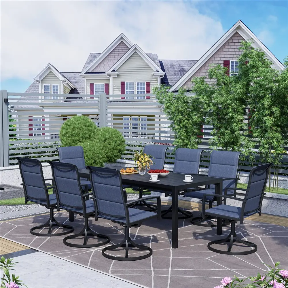 

Большой обеденный комплект BIGGET из 9 предметов: раздвижной стол и 8 синих вращающихся стульев с мягкими сиденьями из текстилена для патио, сада, зоны у бассейна