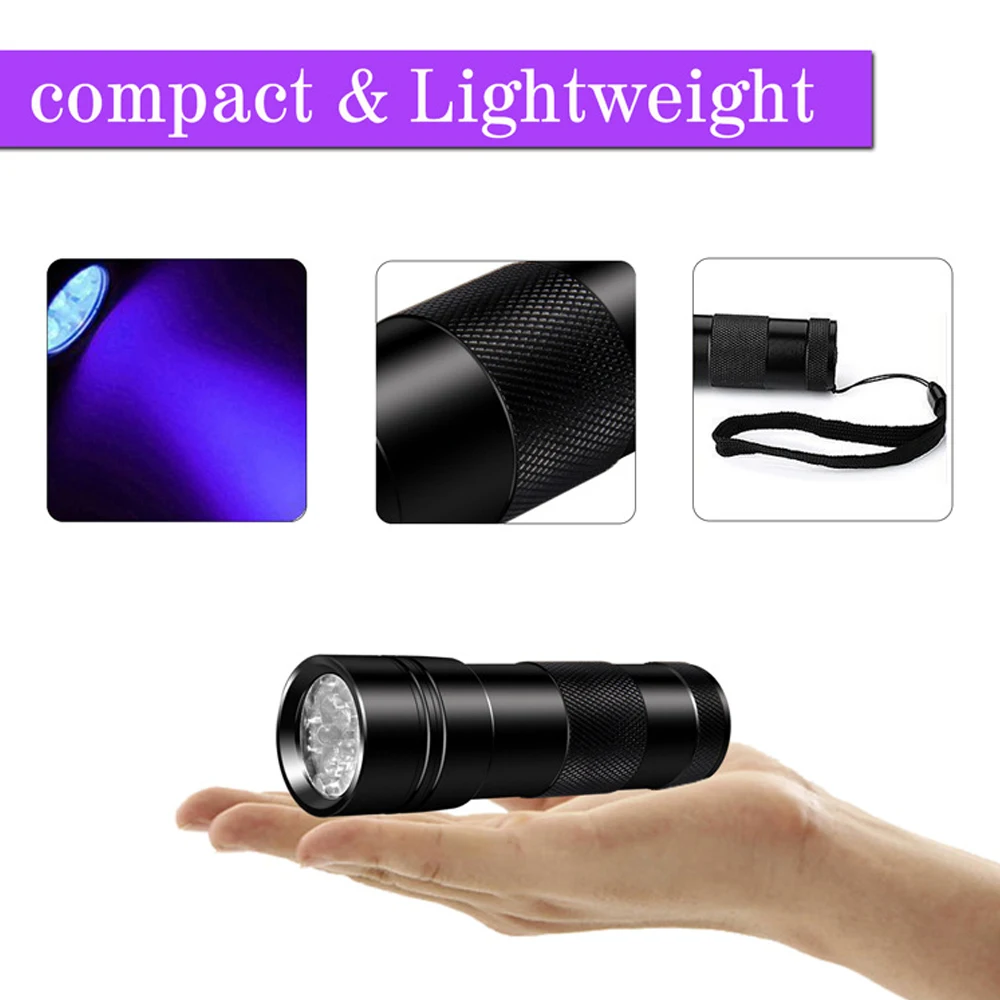 Multi-function UV Flashlight 12LED Ultraviolet Light 395-400nm Portable Mini Aluminum Torch With Rope UV Nail Light hotel check