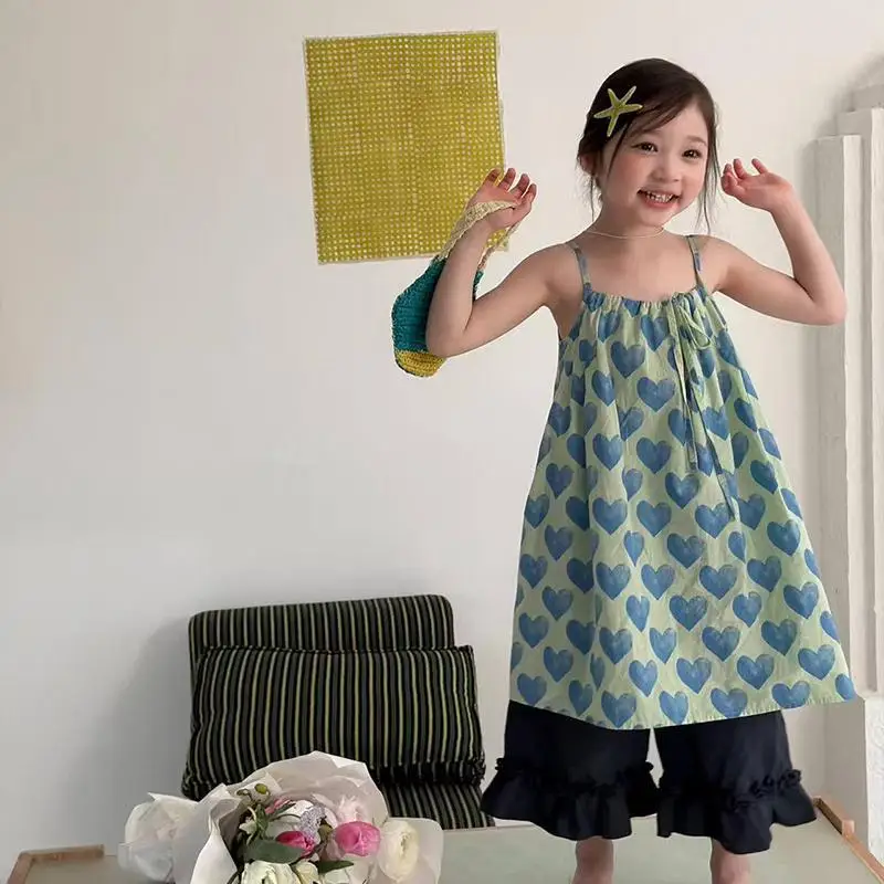 2026 Summer New Girls Heart Print Sling Dress Cotton Children Casual Dress Baby Girl Loose Sleeveless Dress Kids Clothes