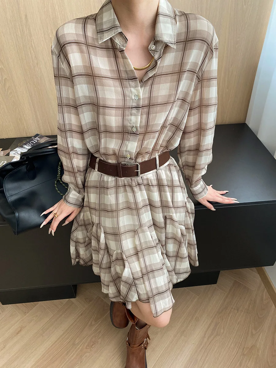 2025 Spring And Autumn Khaki Plaid Shirt Dress Lapel Long Sleeve Ruffle Mini Dress With Belt