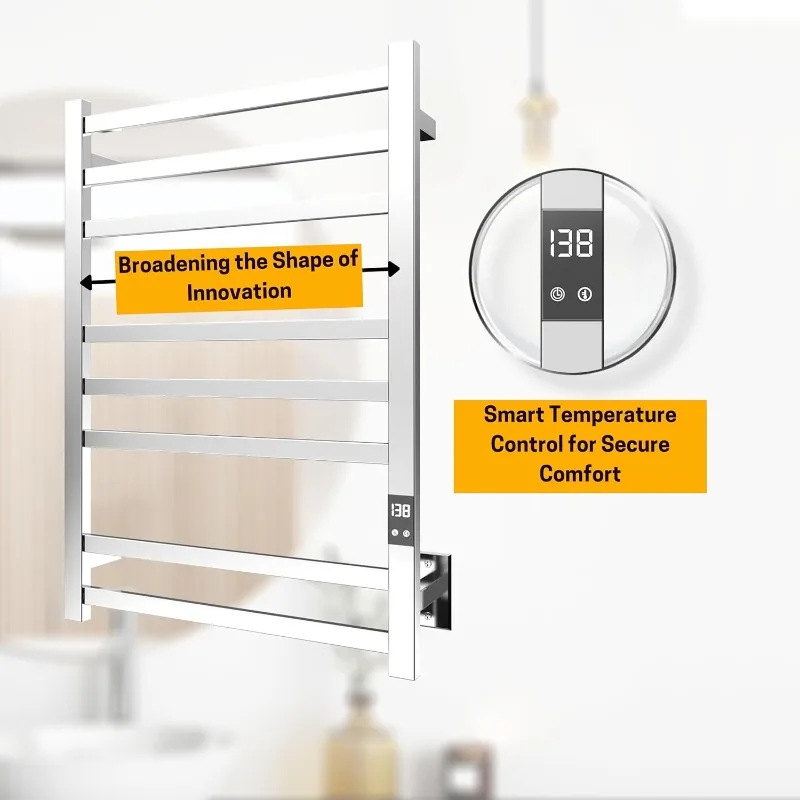 Premium 8-Bar Towel Warmer - Fast Heating, Auto Shut-Off Timer, LED Display Panel - Hardwired or Plug-in Options