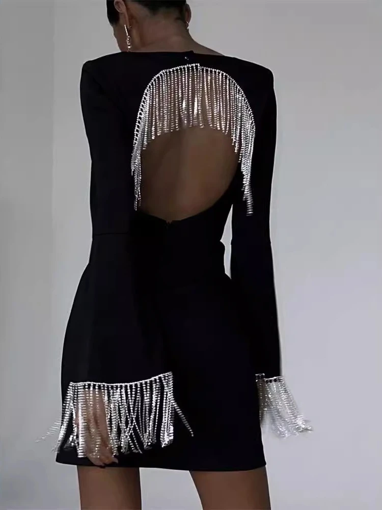 Europäisches amerikanisches Kleid mit Fransenbesatz für Damen, schwarzer Rückenausschnitt, Glockenärmel, figurbetontes Midi-langes Kleid für Party-Abendkleider