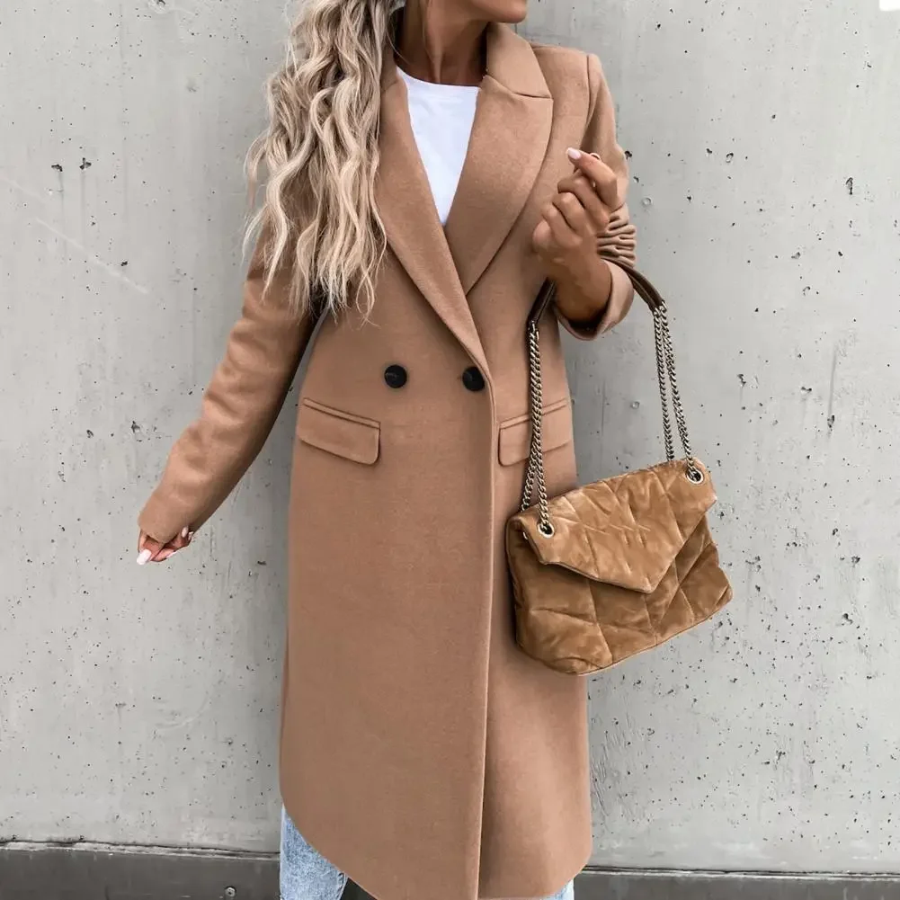 Europe, America, autumn and winter popular thickened single-breasted solid color women's slim-fitting long trench coat woolen