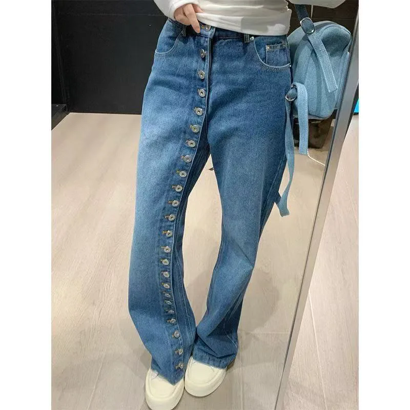 European and American Fashion Single-Breasted Wide-Leg Jeans Women's Autumn and Winter High Street Straight-Leg Pants