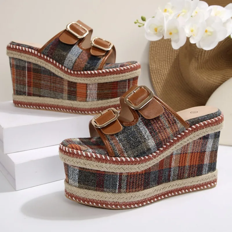 Spliced Fabric Wedge Slippers Summer New Round Toe Open Toe Platform Metal Buckle Non-slip Wear-resistant High Heels