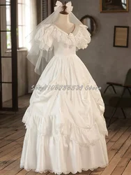 Romantic Pure White Victorian Wedding Dress Elegant V Neck Pleated Short Sleeve Lace Up Corset Pleated Applique Party Dresses