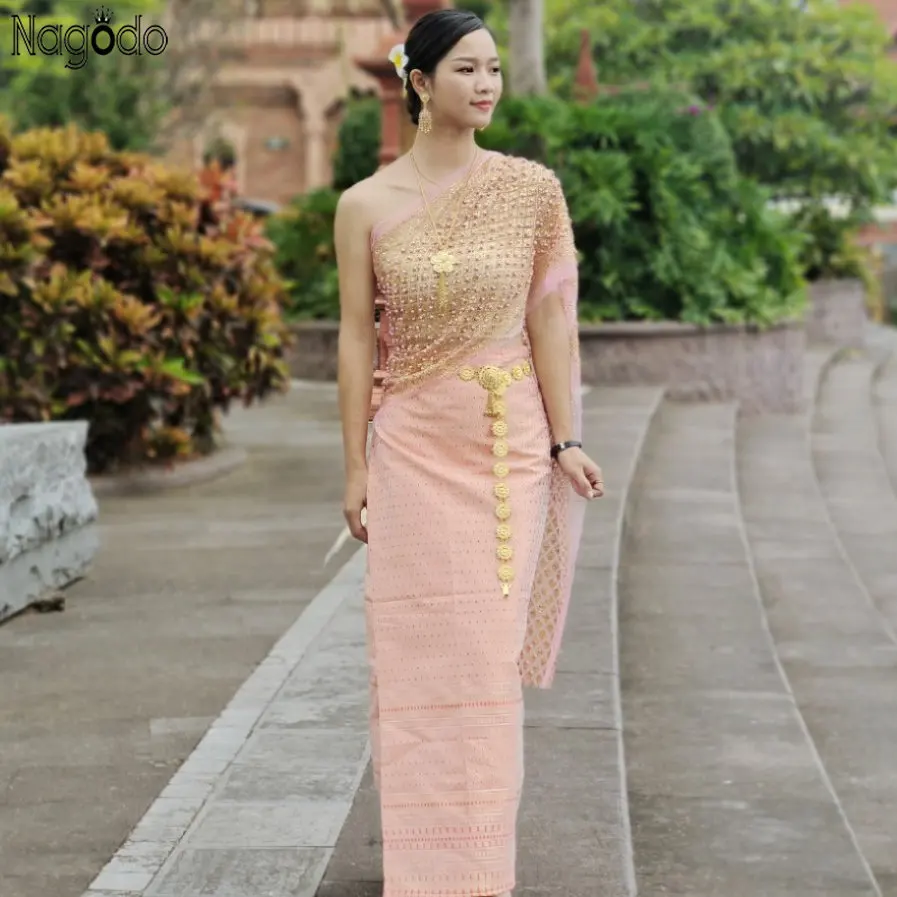 

2023 New In Summer Women Strapless Shawl Top and Skirt Five-Piece Set Long Ao Dai Thai Dress Pha Sin Traditional Vietnamese