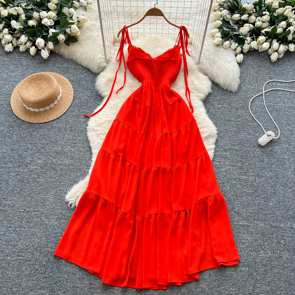 Chic vintage Ruched V-neck sleeveless Elegant Fairy korean fashion Boho Beach women clothing Long dress