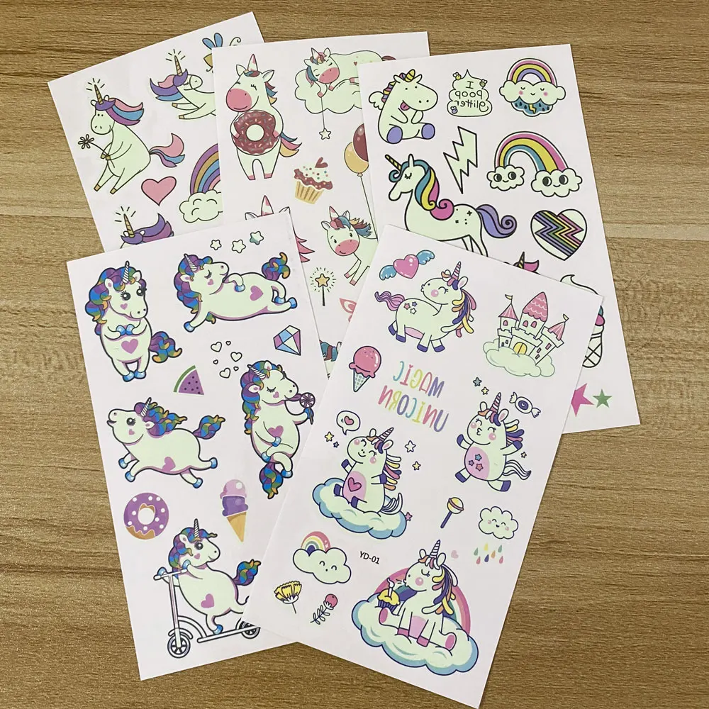 5pcs/Set Luminous Cartoon Tattoo Stickers Dinosaur Animal Temporary Tattoos For Children Cute Unicorn, Shark, Mermaid Fake Tatto