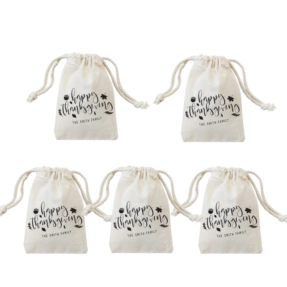 

5pcs Custom Happy Thanksgiving Cotton Canvas Favor Bags Personalized Treat Bag Autumn Holiday Party Candy Goodie Bags supplies