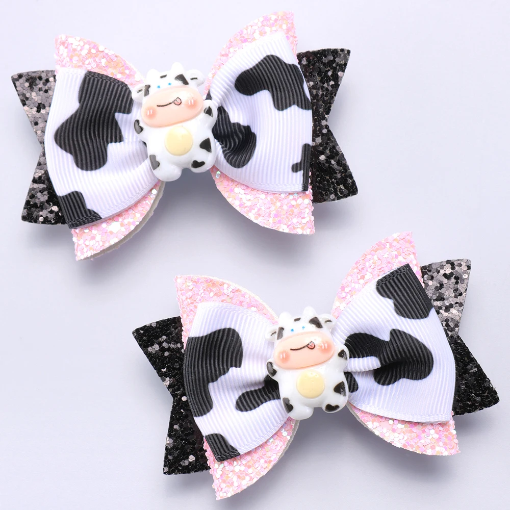 2PC Girls Cow Print Glitter Bow Hair Clips Cute Cow Bow Grosgrain Ribbon Bow Clips Girls Hair Accessories Headwear Hair Clip image 2