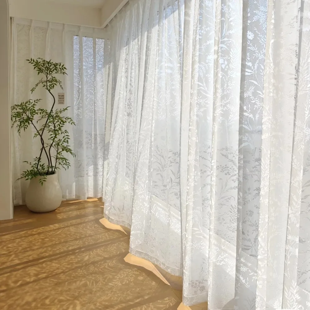 Cutout Leaf Semi Sheer Curtains, Jacquard Design Light Filtering Drape for Living Room, Bedroom French Elegant Home Decoration