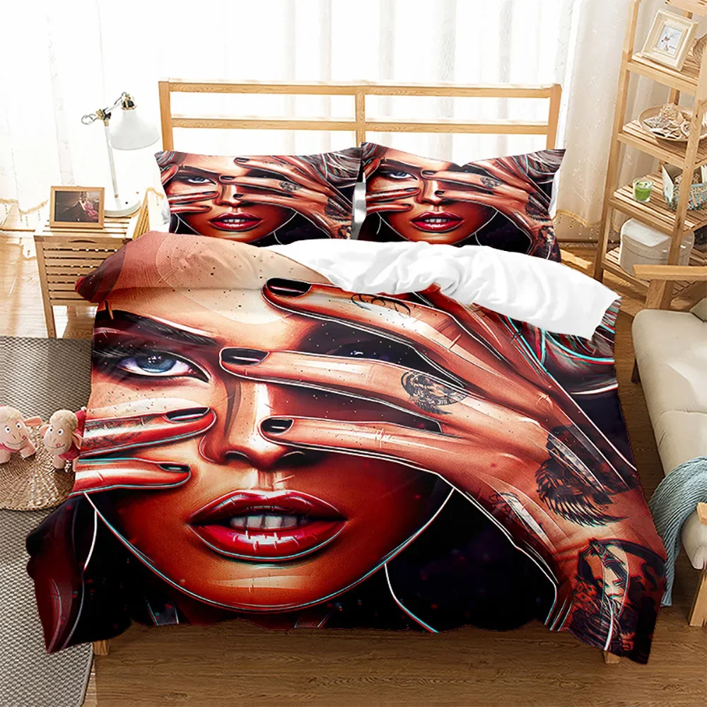 

3pcs Gamer Girl Bedding Set - 3D Cyberpunk Portrait of Woman with Glasses Duvet Cover Polyester Easy Wash