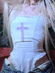 Cross Print White Bodysuit Women Sexy Bodycon Hollow Shoulder Short fairycore 2000s grunge korean sexy top one-pieces y2k tshirt