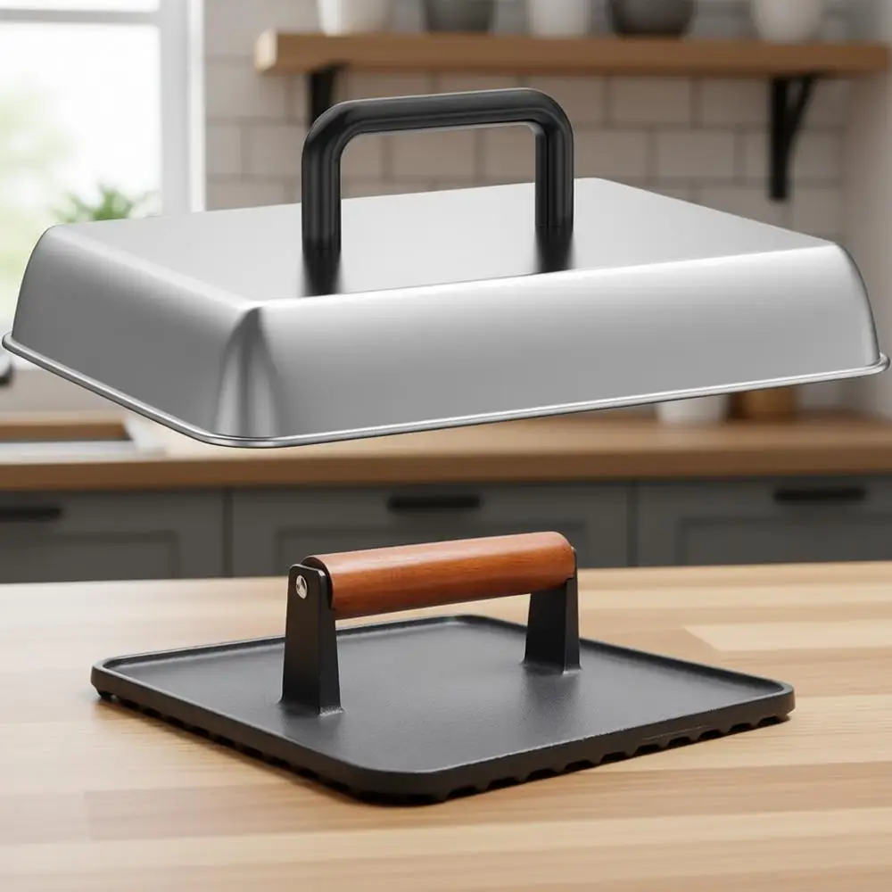 Cúpula de acero inoxidable para derretir queso con tapa para rociar y parrilla de hierro fundido para hamburguesas, cocina al aire libre y parrilla exterior A