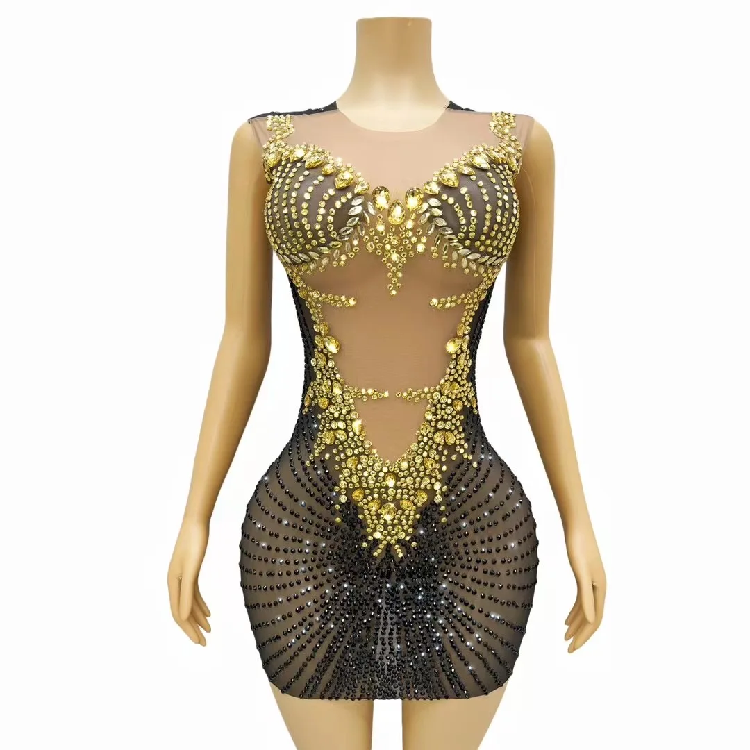 

Sparkling Diamond Stretch Sexy Mesh Perspective Mini Dress Birthday Evening Party Singer Nightclub Stage Performance Costume