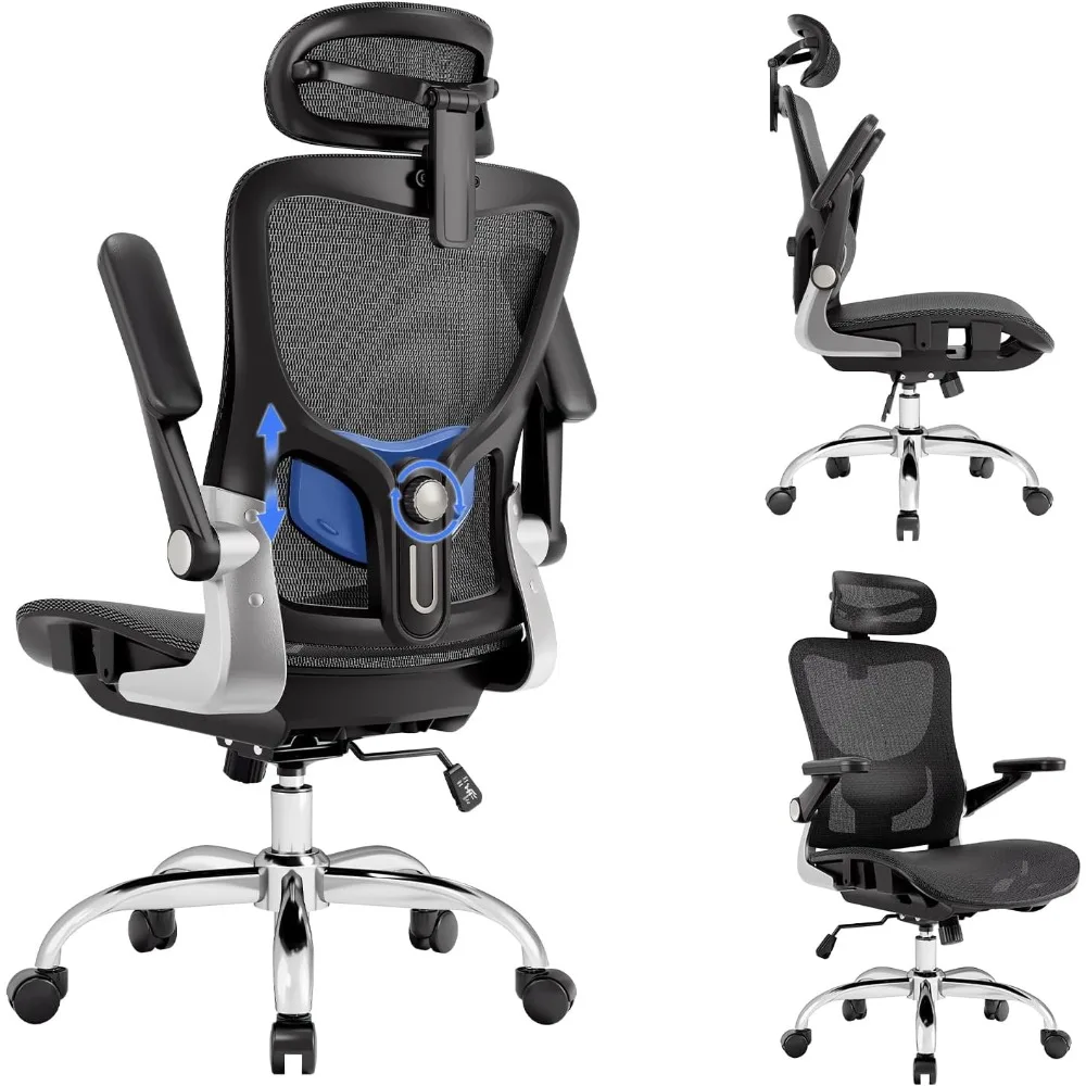 Ergonomic Office Chair，Mesh Seat Cushion with 3D Armrests and 3D Headrest, Adjustable Lumbar Support with Rocking Function, SGS