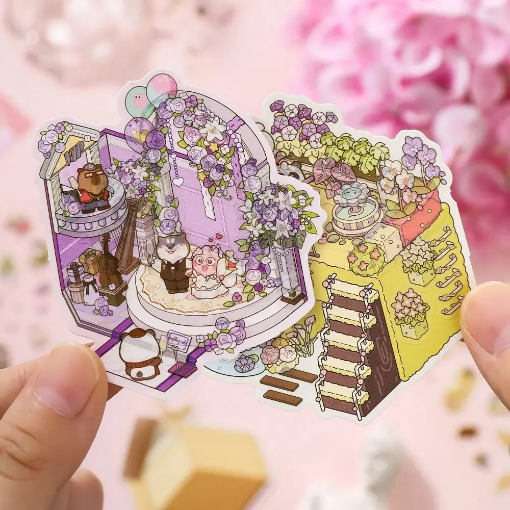 Kawaii حجم صغير المشهد ملصق كتاب 8 في 1 PET مصغرة المشهد جمع الكرتون DIY 3D جيب المقصورة المشهد ملصقات الاطفال
