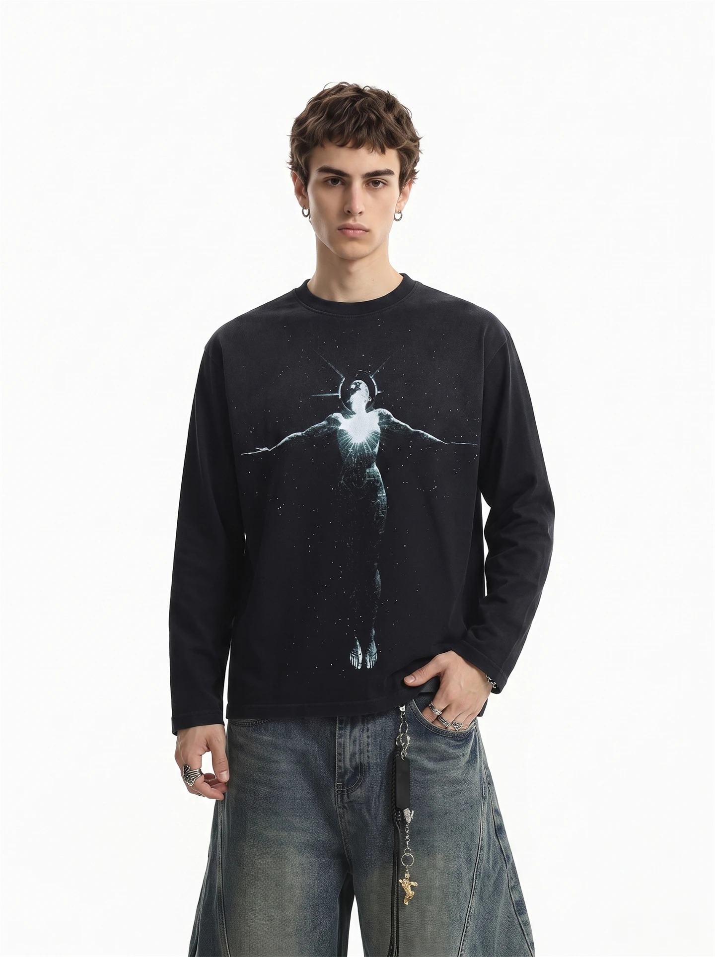 BETEBULE American High Street Long Sleeve T-Shirt Men's Trendy Short Wide Printed Youthful Style Loose Fit Autumn Fashion