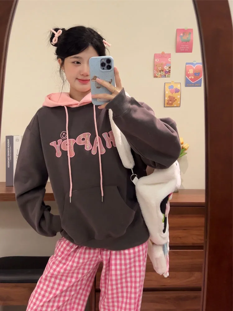 

Женская толстовка Sweet Girl's Ey с капюшоном, свободного кроя, с длинными рукавами, вышивкой и буквенным принтом, удобная, осенне-зимняя, новая, в уличном стиле