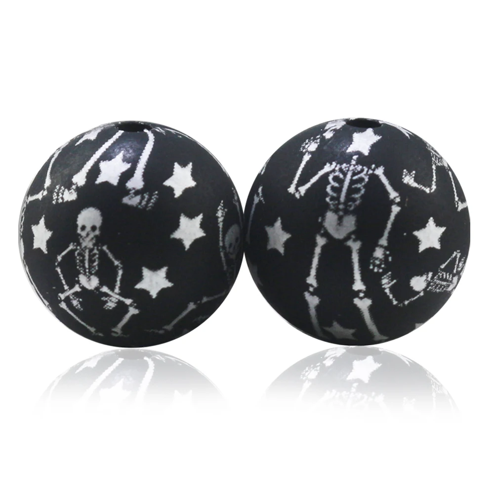 New Arrival 10Pcs Printed Silicone Beads 15MM Halloween Dacing Skeleton Skull Bone Star Pattern Silicon Focal Bead For Pens