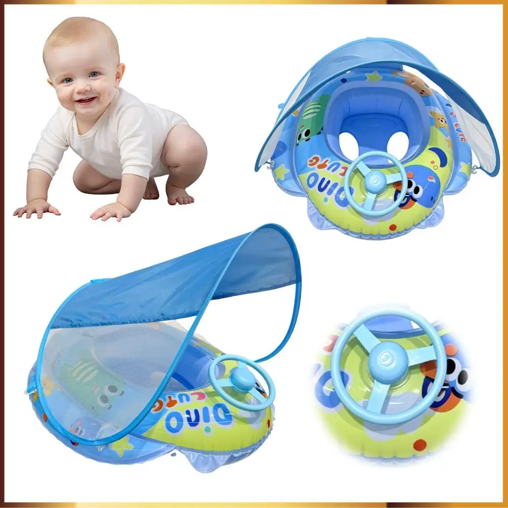 PVC Baby Pool Float with Canopy and Anti-Tip Seat Infant Pool Float Leak-proof with Steering Wheel for Toddler Aged 6-36 Months